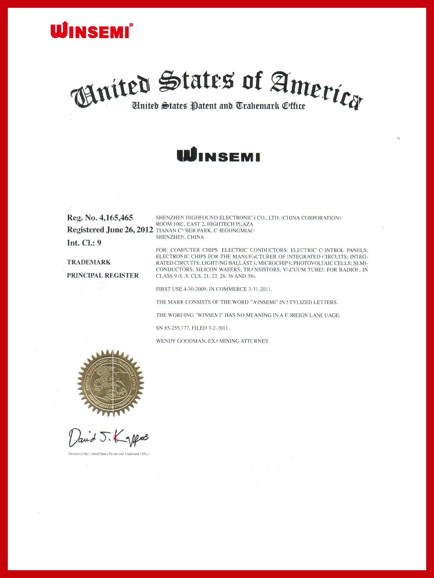 The United States trademark Certificate